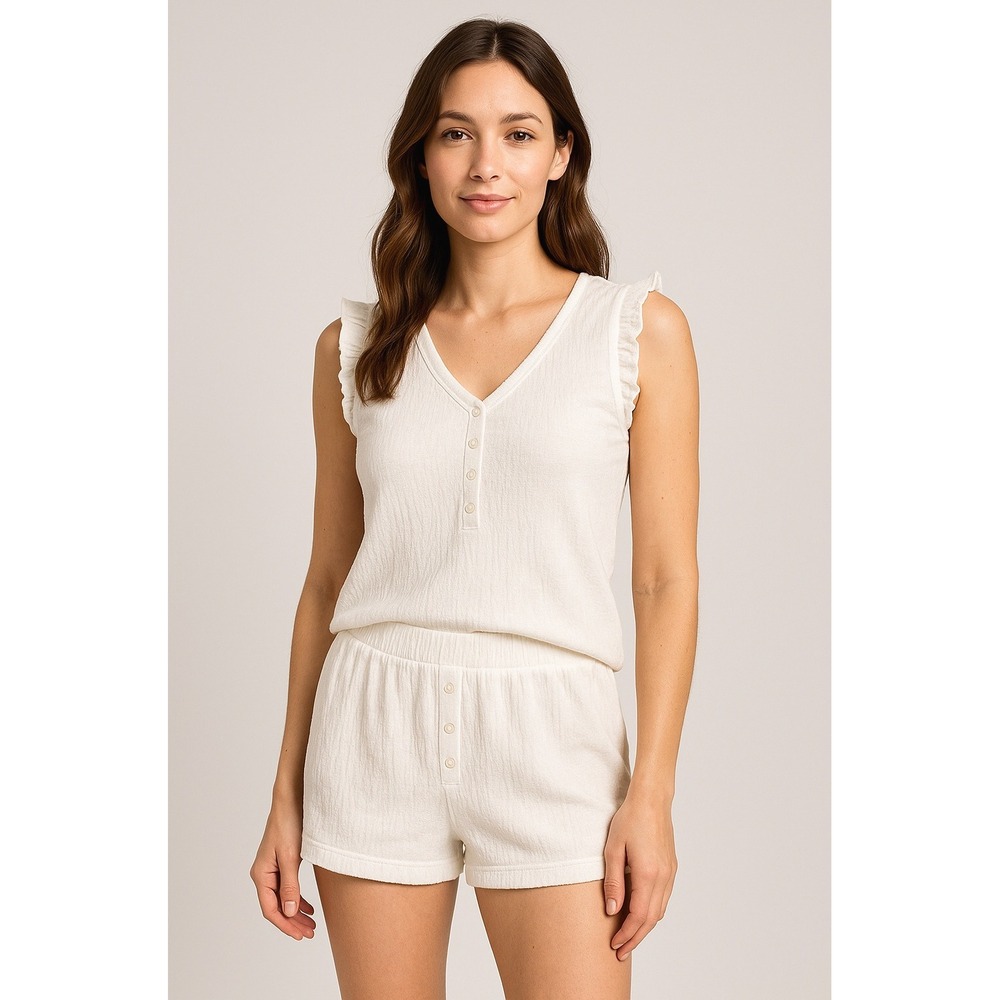 You Say Pajama Set Women‎ Small White Henley Ruffled Short Set NWT Sleepwear